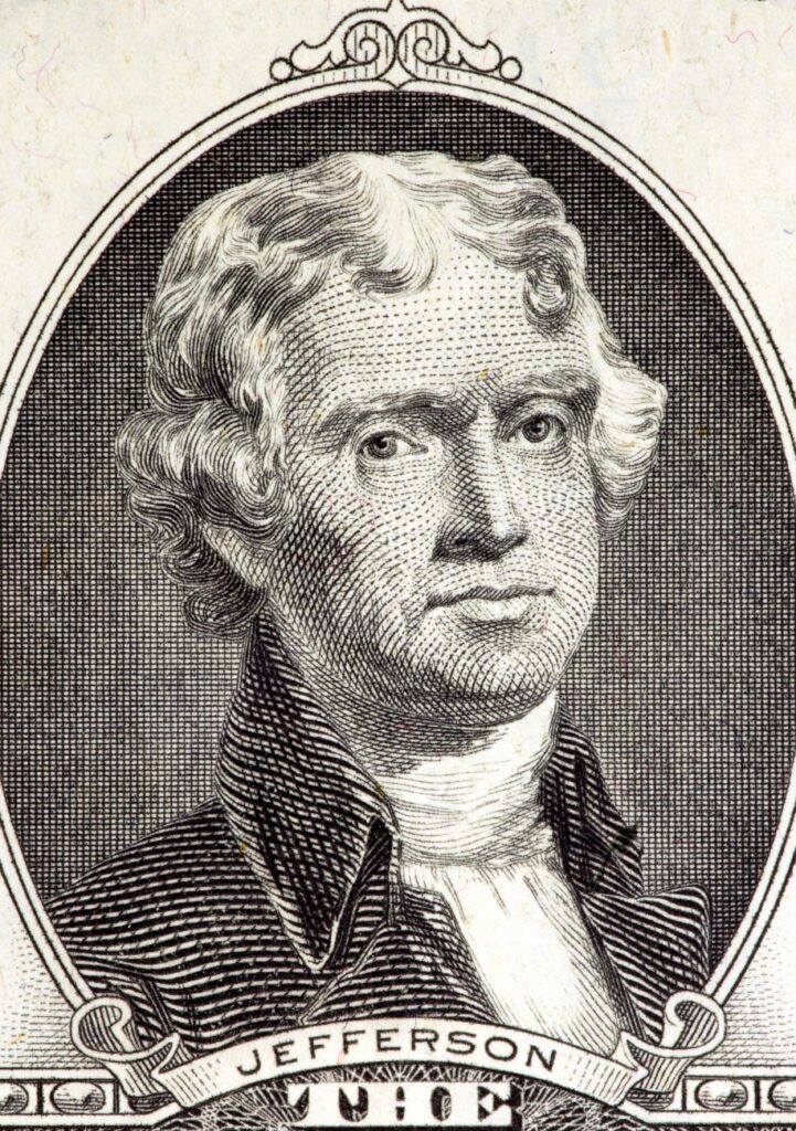 Detailed engraving of Thomas Jefferson on U.S. currency, showcasing historical art.